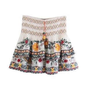 Boho Floral Embroidered Stretchy Waist Ruffle Mini Skirt
